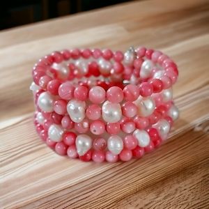 Hand Crafted Boho Natural Coral and Freshwater Pearl Wrap Bracelet OS